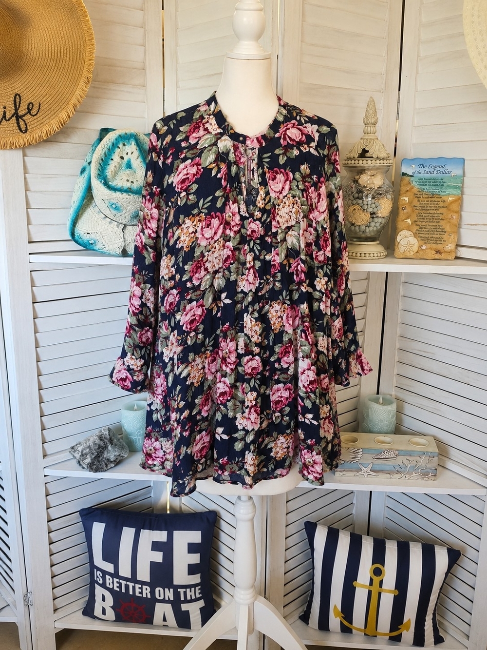 Umgee Navy Floral Long Sleeve Tunic Dress Rose Print Size M Boho, Cottagecore